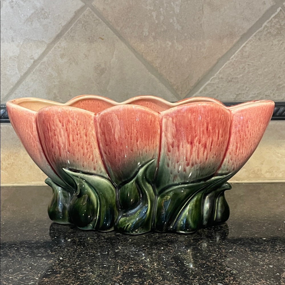 McCoy early beautiful unique nature pottery piece in pinks and greens.